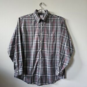 Brooks Brothers Madison Mens Size Large Gray Plaid Long Sleeve Button Down Shirt